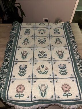 Vintage Woven Floral Pattern Handmade Rug - Cream, Green and Pink 40in x 25in